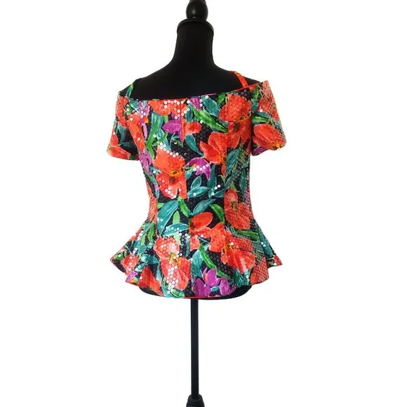 Vintage WILD 1980s Glam Floral Pinup Peplum Top - Picture 3 of 5
